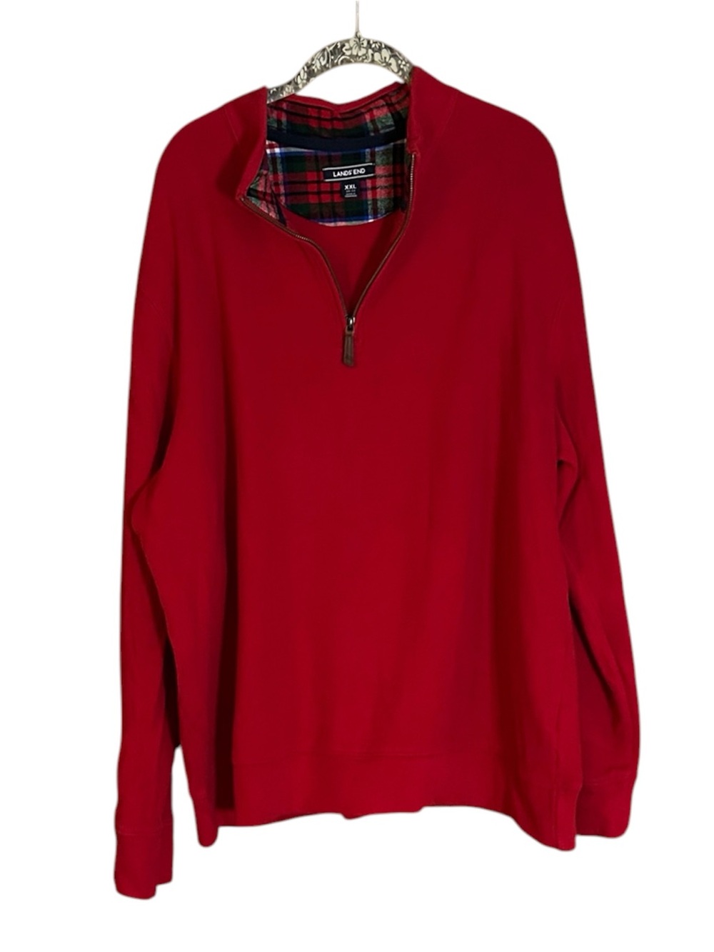 Lands' End Sweatshirt Mens XXL Red Quarter Zip Plaid Lined Preppy Pullover 2XL